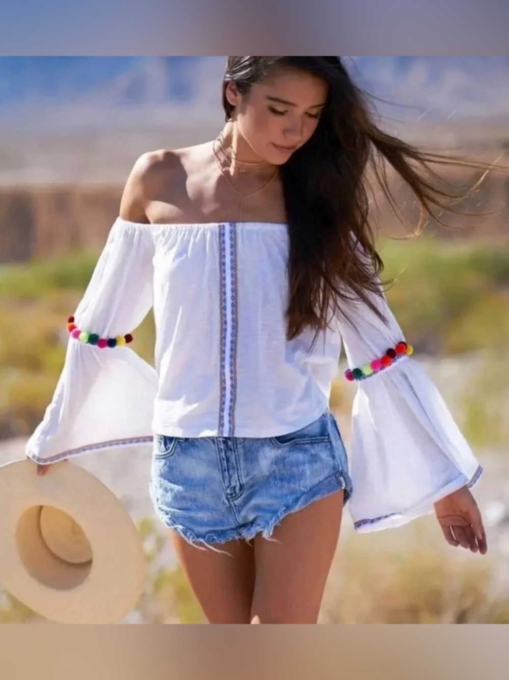 Pitusa White Off-Shoulder Crop Top with Colorful Pom Trim